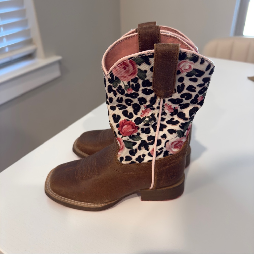 Ariat Gringa Toddler Brown Square Toe Boots with Floral and Leopard Design NWT